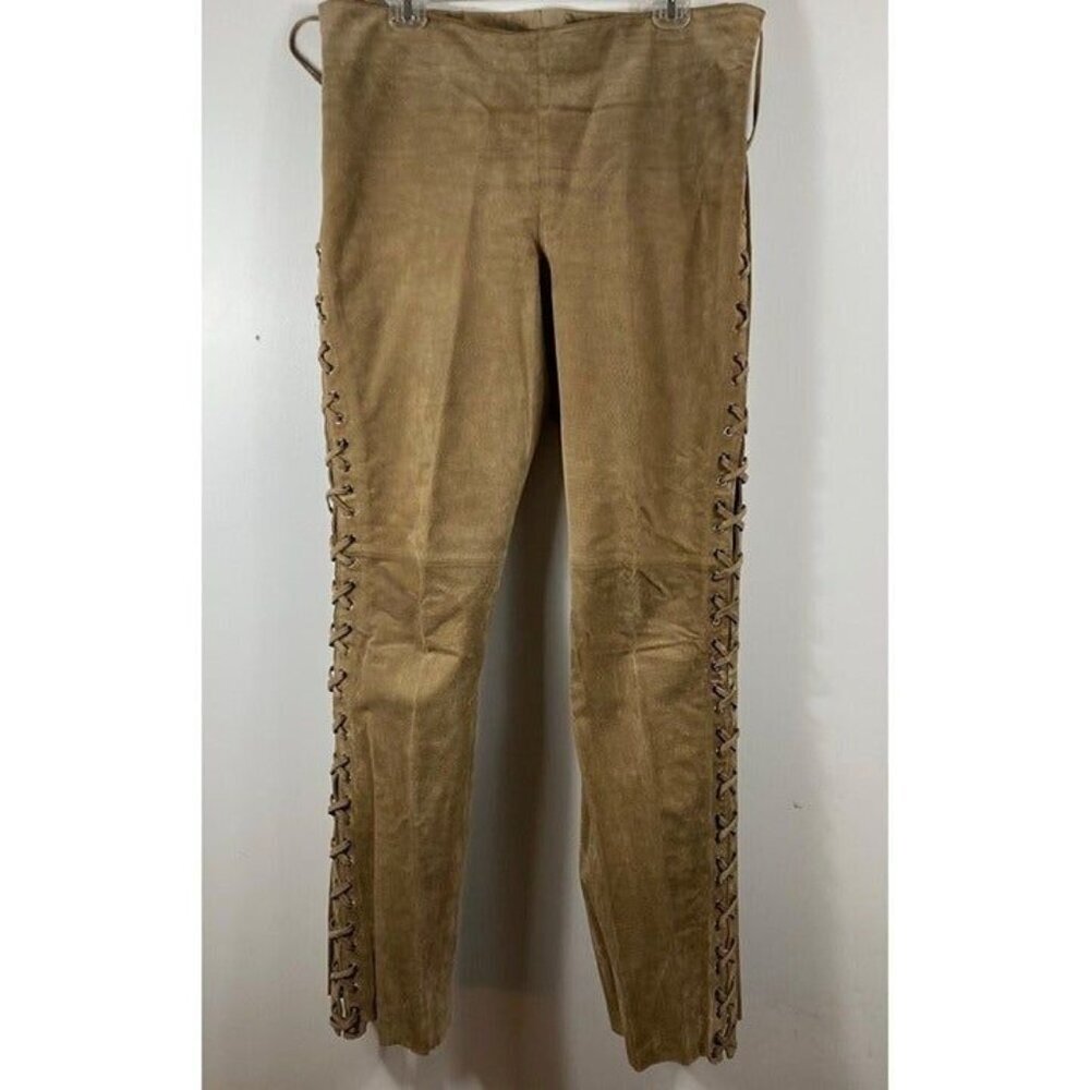 Womens Vintage B Lucid Tan Pig Split Leather Lace Western Cowgirl Pants 12 - Picture 1 of 10